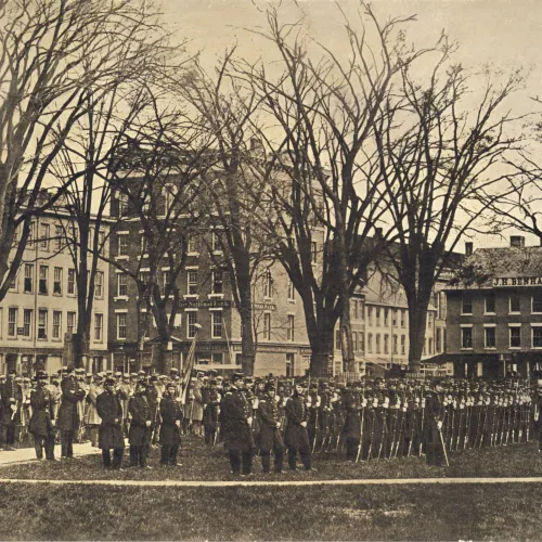 Soldiers assembled on the New Haven Green, circa 1865. Manuscripts and Archives, Yale University Library.