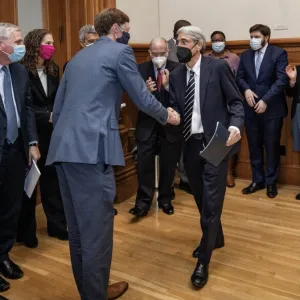 New Haven Mayor Justin Elicker and Yale President Peter Salovey during an event announcing Yale’s new six-year commitment to increase its annual voluntary financial contribution to the city.